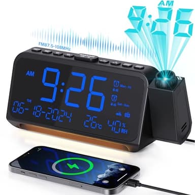 Mesqool Radio Réveil Projection, Réveil Numérique Projecteur avec Variateur à 5 Niveaux, Mode Jours Ouvrables/Week-End, 2 Alarmes, FM, Snooze, Température, Humidité, Veilleuse, Chargeur USB Type-C