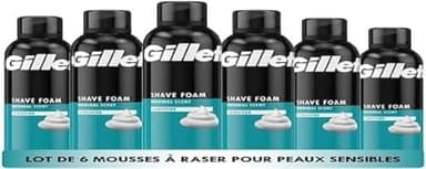 Gillette Classique Mousse À Raser Peaux Sensibles Pour Hommes, Aide À Protéger Contre Les Irritations Du Rasage, Rasage Rapide Et Facile Avec La Formule Gillette Comfort Glide, 6x300ml