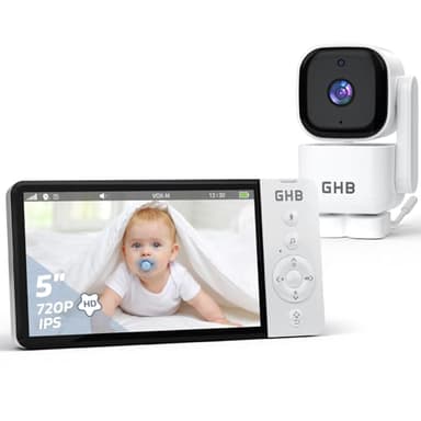 GHB Babyphone Camera Bebe Surveillance 5" LCD Rotation de 350° Baby Phone 2,4 GHz VOX Mode Capteur de Température Communication Bidirectionnelle 8 Berceuses Vision Nocturne sans WiFi