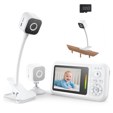 Babyphone Camera avec Clip et Support pour Lit, 1080P Camera Bebe Surveillance sans WiFi, Vision Nocturne, Audio Bidirectionnel, Détection des Pleurs, Carte 32G, Facile à Installer, Cadeau Naissance