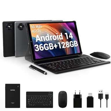 FASTWD Tablette 10 Pouces Android 14 Tablette Tactile 5G WiFi 4G LTE,36Go RAM+128Go ROM,8000mAh,FHD1920*1200 incell,ID Visage,Tablette avec Clavier+Souris-Nero