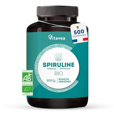 Spiruline BIO Ultra Pure 1500 mg - 500 comprimés - Sans Excipients, Riche en Protéines, Phycocyanine, Fer, Antioxydants - Immunité, Fatigue - Vegan - Fabriqué en France - Vitavea