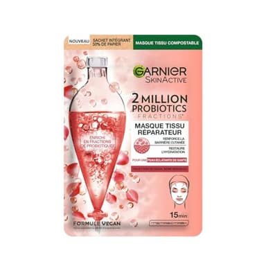 GARNIER Skin Active - Masque Visage Tissu 2 Million Probiotics - Masque Réparateur - Éclat & Hydratation - Enrichi en Fractions de Probiotiques - Vegan & Cruelty Free - Tous Types de Peaux - x1