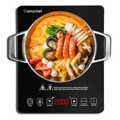 AMZCHEF plaque de cuisson à induction, plaque induction portable, de 2000 W avec corps mince, 20 niveaux de puissance, 20 réglages de température, serrures de sécurité, minuterie de 3 heures, noir