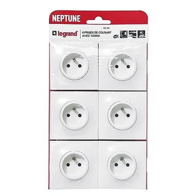 LEGRAND - Prise Electrique Murale avec Terre Neptune - Prise 2P+T Monobloc - Fixation à Griffes/Vis - Blanc - Lot de 6