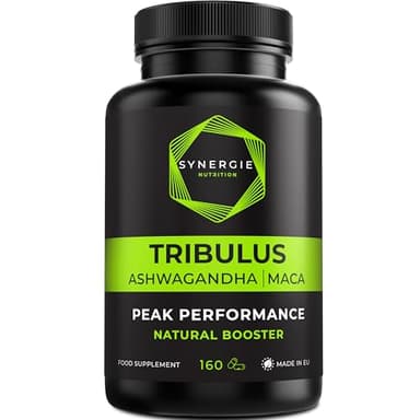 Tribulus Terrestris - Extrait de fruit avec 90% de saponines, Ashwagandha 10:1, Maca noire 10:1, Zinc, Sélénium, Calcium & Vitamine D – 160 gélules – Complément alimentaire de Synergie Nutrition