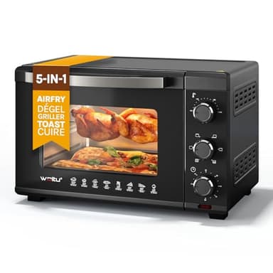 WOLTU Mini Four 32L avec Broche de Rôtisserie, 4 éléments chauffants, Minuterie 60 min, Température 100-230℃, 1600W, Porte à Double Vitrage,Noir