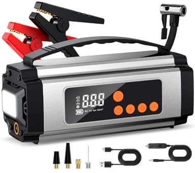 Onherm 7-in-1 Booster Batterie Voiture avec Gonfleur 150PSI, 2000A Demarreur Batterie Voiture pour Jusqu’à 8L Gaz ou 5L Diesel, Booster Moto avec Éclairage LED, Chargeur USB-C et Écran LCD
