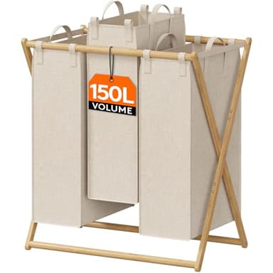 Lifewit Panier a Linge Bambou, Corbeille a Linge Grand, Bac a Linge Sale avec Sacs Amovible, Meuble laundry basket pour Buanderie, Chambre, Salle de Bain, Beige, 150 L