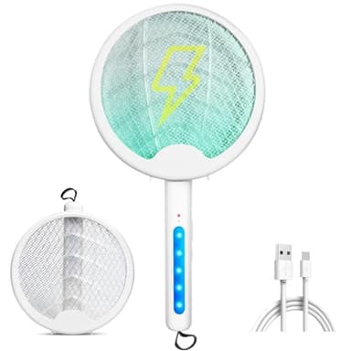 OZAVO Raquette Anti Moustique Électrique 3000V USB Rechargeable 2 en 1 Tapette Anti-Moustique LED Lampe Anti Mouche pour Intérieur et Jardin(Blanc)