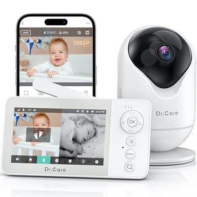 Dr.Care Babyphone Camera et APP, 1080P Camera Bebe, 4" 720P Écran Divisé, Alertes de Mouvement, Vision Nocturne HD, Parler à Deux, Multi-utilisateur, Triple Sécurité, VistaView Lite RB Smart WLAN