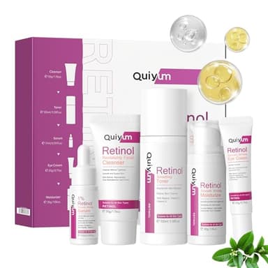 QUIYUM Ensemble de soins anti-âge au rétinol, 5 pièces pour les soins du visage, incluant un nettoyant, un tonique, un sérum, une crème pour les yeux et un hydratant