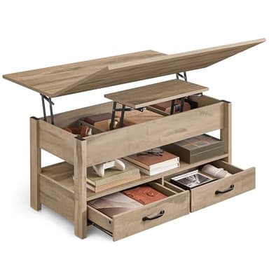 VASAGLE Table Basse, Table de Salon Relevable, Vérin à Gaz, 2 Tiroirs et 3 Compartiments sous Le Plateau, 1 Compartiment Ouvert, pour Salon, Bureau, Marron Camel LCT254L01