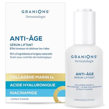 GRANIONS Sérum Visage Anti Age - Collagene et Acide Hyaluronique + Niacinamide, Extrait d'avoine - Skincare Anti Ride Collagene Marin -Testé sous contrôle dermatologique, Sérum Liftant Anti Ride 30 mL