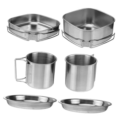 OKUMEYR Batterie Cuisine En Acier Inoxydable Multifonction 6 Pièces Pour Camping 3-4 Personnes Poêle Et Casserole Pliables Poignet Isolation Thermique Ensemble Barbecue Randonnée Camping