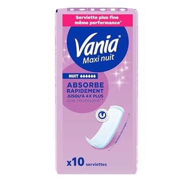 Vania | Serviettes Hygiéniques Maxi Nuit (10 pièces) – Serviettes plus fines à absorption rapide haute tolérance – Protection périodique avec forme anatomique extra longue