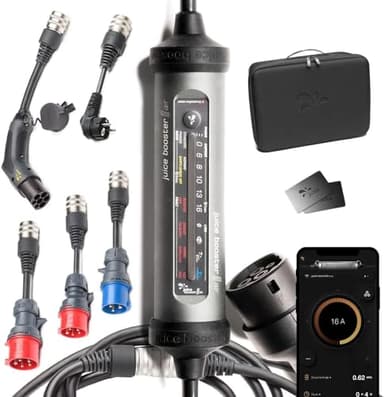 Juice Booster 3 air Traveller Plus Set, Mobile Wallbox avec App, Borne de Recharge Vehicule Electrique 11kw Triphasé, Chargeur EV avec Cable T2, avec 3 Adaptateurs CEE 32/16 + EU Schuko + Type 2