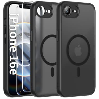 FLLAO Magnétique Coque pour Apple iPhone 16e 2025 (4th Generation) avec 2 Verre Trempé, Etui Translucide Mat Arrière Housse Fine Antichoc Case iPhone 16e 6.1", Noir