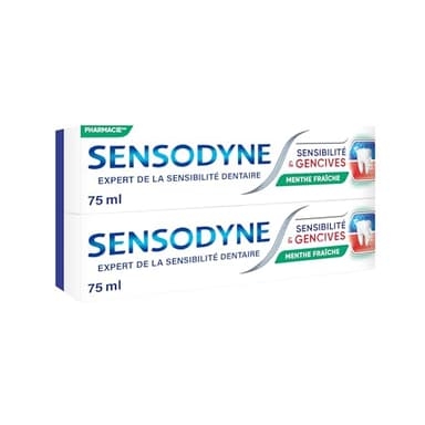 Sensodyne Dentifrice Sensibilité et Gencives, Menthe Fraîche, Traitement Des Dents Sensibles et Gencives, Lot de 2x75 ml