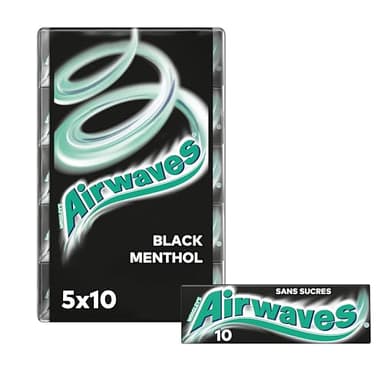 AIRWAVES - Chewing-gum Black Menthol sans sucres - 5 paquets de 10 dragées - 70g