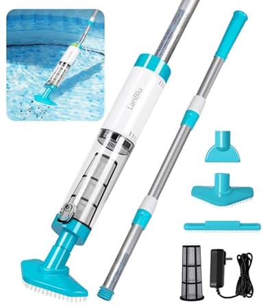 LanBlu Aspirateur Piscine sans Fil avec Perche Rétractable, 3en1 Aspirateur Spa Manuel Durée de Fonctionnement Jusqu'à 90 Min, Rechargeable Balai Aspirateur Piscine Hors Sol avec Aspiration Puissante
