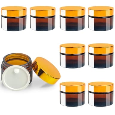 Roellgs Lot de 8 bocaux en verre ambré teinté marron de 50 ml avec doublures intérieures et couvercles noirs pour lotions, crèmes, pommades