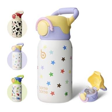 BOTTLE BOTTLE Bouteille d'eau isotherme pour enfants avec couvercle à paille et poignée - 473,6 g - Bouteille d'eau sous vide en acier inoxydable pour école, extérieur, voyage, cadeau pour garçons et