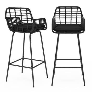 IDMarket - Lot de 2 tabourets de Bar Summer avec accoudoirs Effet rotin Noir Pied métal Noir