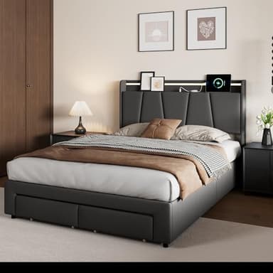 Lit 160 X 200 Avec Sommier, Lit Coffre Hydraulique Avec 2 Tiroirs Et Tete De Lits Rangement, Lits Double Rembourré Avec éclairage LED Et USB, Cadre De L_it Capitonné Avec Lattes, Lin, Sans Matela