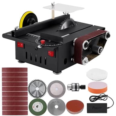 Mini Scie Circulaire Sur Table avec Ponceuse à Courroie et 4 Lames, 300W,Vitesse Réglable, épaisseur Coupe de 0,1 à 30 mm, pour DIY Précis l'Artisanat et la Menuiserie Fait Main en Bois