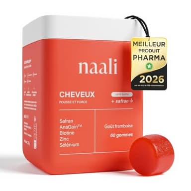 Naali Cheveux – Gummies Pousse Cheveux & Anti-Chute – Safran, AnaGain™, Biotine, Zinc, Sélénium – Fortification – Compléments alimentaires – 60 Gommes Sans Sucre – Goût Framboise – Cure 1 Mois
