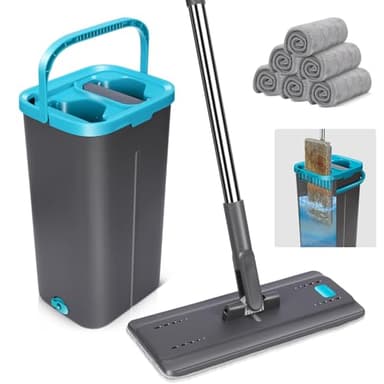 MASTERTOP Balai Serpillère et Seau Essoreur, Seau Balai Serpillière Rotatif 360°, Balai Microfibre Plat, Vadrouille Mains Libre pour Nettoyage Sol, avec 6 Tampons Réutilisables (Gris foncé)