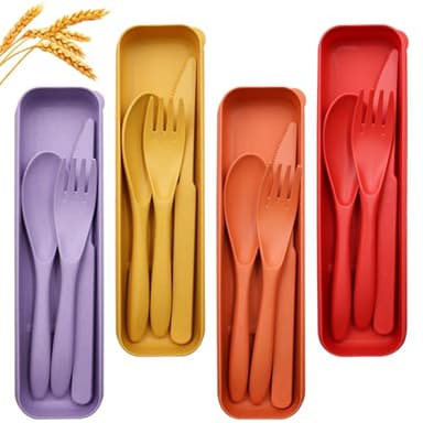 OMJMYY 4 Ensemble de Couverts avec Étui Couvert Plastique Reutilisable Couverts de Voyage Portable Boite Couvert a Emporter Couteau Cuillère et Fourchette pour Pique-Nique Camping Bureau et École