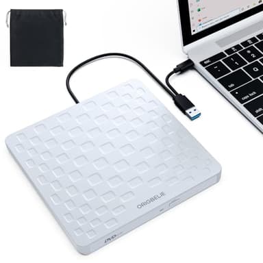 ORIGBELIE Lecteur CD/DVD Externe pour PC, USB 3.0 Type-C Portable Ultra Fin 13mm CD DVD +/-RW Drive, Plug & Play Graveur DVD Externe pour Ordinateur Portable Windows 11/10/8/7/XP Linux Mac OS, Blanc