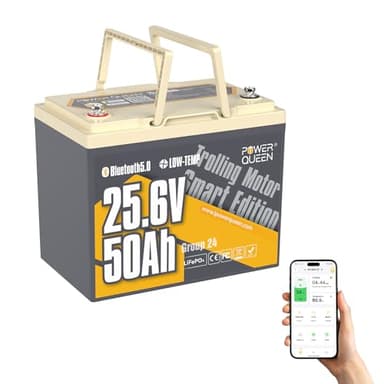 Power Queen 24V 50Ah Batterie LiFePO4 Télécommande Bluetooth 5.0,Protection Basse Température,Batterie Lithium à Cycle Profond 1280Wh Energie pour 24V Moteur de Bateau Electrique 100LBS Yacht Marine