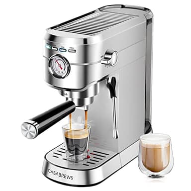 CASABREWS Machine à Cafetière Expresso avec buse à Mousse de lait Puissante, 20Bars Cafetière et Machine à Cappuccino avec Manomètre, Réservoir de 1 L, Boîtier en métal, Acier inoxydable