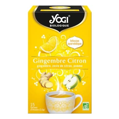Yogi Biologique Gingembre Citron, Infusion 100% Bio Gingembre, Zeste de Citron et Pomme, 15 Sachets thermosoudés et sans agrafe, 311716