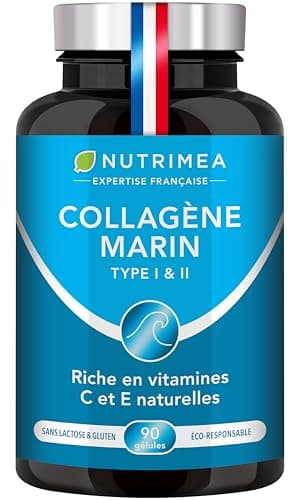 COLLAGENE MARIN - Type 1 BREVETÉ Pur et Naturel - Vitamines A, C & E Végétales - Nutrimea - Hydratation de la Peau - Protège Os et Articulations - 900 mg - 90 Gélules - Fabriqué en France