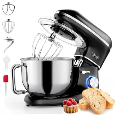 Fentic Robot Pâtissier – 2000W – Bol mélangeur en acier inoxydable (6,2L) – Avec fouet, Crochet pétrisseur et Batteur plat – Incl. et accessoires supplémentaires (Noir)