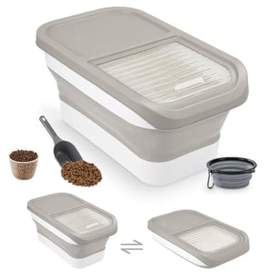 Druuzyl Conteneur à Croquettes pour Chien/Chat 5KG - Boîte de Stockage Pliable avec Cuillère et Tasse à Mesurer,Bowl pliable pour chien, Gris, Seau Hermétique pour Nourriture et Friandises Animaux