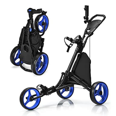 GOPLUS Chariot de Golf Pliable à 3 Roues, 4 Positions de Hauteur Réglables, Cadre en Alu, Porte-ombrelle Réglable, Sac Étanche, Frein à Pied, 121 x 70 x 116 CM, Bleu