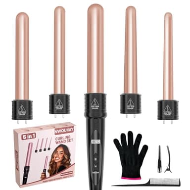 Fer à Boucler 5 en 1 Chauffage Rapide Boucleur à Cheveux Céramique Fer à Friser avec LCD Écran Interchangeable 9-32 mm Barils Température Réglable 80 °C à 230 °C avec Gant