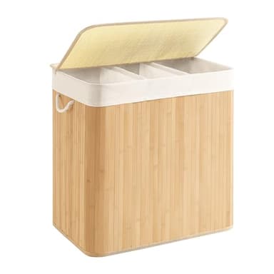 SONGMICS Panier à Linge 150L, Corbeille Linge Sale 3 Compartiments de Tri, Couvercle en Bambou, Poignées, Pliable, Sac Amovible Lavable en Machine, pour Buanderie, Chambre, Couleur Boisée LCB091N01