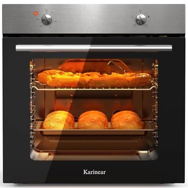 Karinear Four Electrique 60 cm avec Bouton de Commande, Four Encastrable 65 L, 4 Programmes, 50-250 °C, avec Panneau en Acier Inoxydable, 2200W, 220-240V, avec Prise