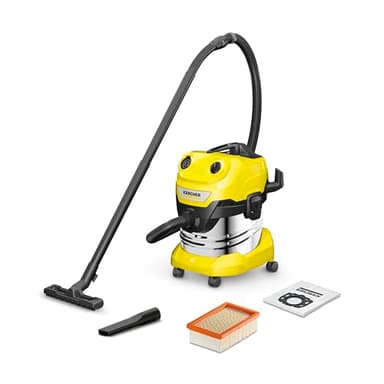 Kärcher Aspirateur Eau et Poussières WD 4 S V-20/5/22, Puissance : 1000W, Cuve en Inox : 20L, Flexible d'Aspiration : 2,2m, Soufflerie, Filtre Plissé Plat, Suceurs Sol & Fentes, Sachet Filtre Ouate