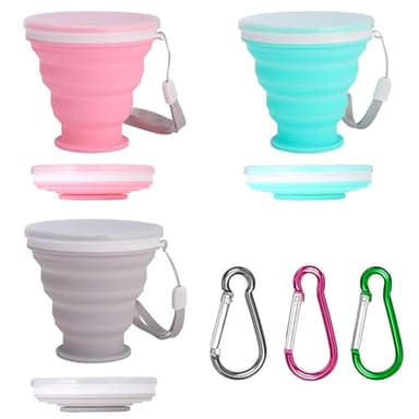 ZOCONE Lot de 3 Gobelet Pliable, Tasse Pliable en Silicone 200ml, Gobelet Retractable Réutilisable avec Couvercle & Boucle - pour Pique-nique/Campings/Randonnée en Plein Air/Voyage