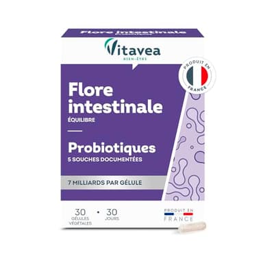Vitavea - Probiotique Flore Intestinale, Equilibre du Microbiote, Digestion - Ferments Lactiques - Lactobacillus et Bifidobacterium - 30 gélules végétales - 1 mois - Fabriqué en France