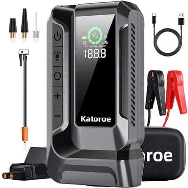 Katoroe Booster Batterie de Voiture avec compresseur d'air, 150PSI Booster Batterie Voiture Puissant pour 10.0L Moteur à Essence et 8.0L Moteur Diesel, Aide au démarrage avec Lampe de Poche LED