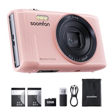 SOOMFON Appareil Photo Numérique Max 72MP avec vidéo 1080P, Digital Camera Zoom 16X 19 Filtres, Appareil Photo Compact avec 2 Batteries et Carte 32 Go, Digital Camera pour Adulte/Débutant/Enfant-Rose