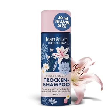 Jean & Len Mini Shampooing sec Fraîcheur & Volume, pas de racines grasses, pas de résidus blancs, parfum de lys, pour cheveux fins sans volume, format voyage, sans parabènes & silicones, vegan, 50 ml